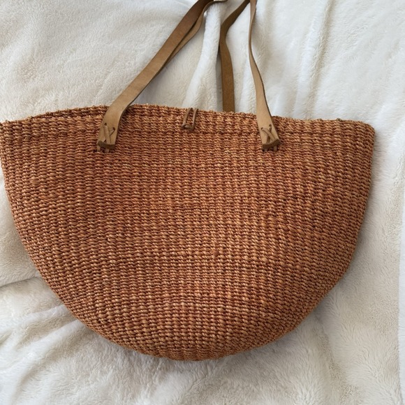 Handwoven Raffia Straw Market Tote Bag Leather Straps Boho Beach Resort Shopper - Picture 2 of 6